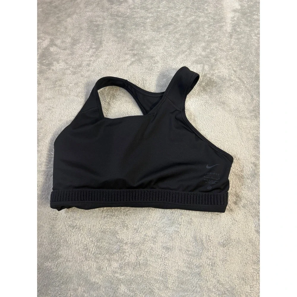 Nike Dri-FIT Racerback Sports Bra Black Swoosh Activewear Size L